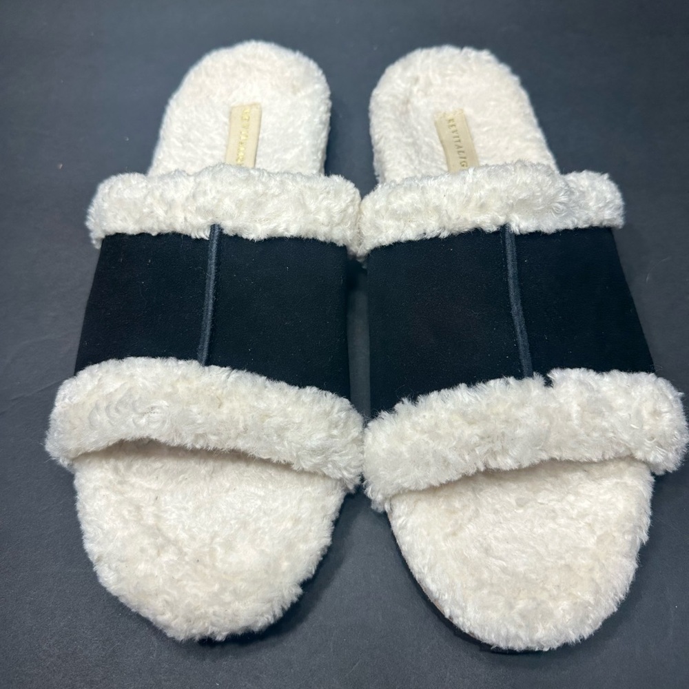 REVITALIGN Black and White Plush Slide Slippers size 12 brand new with out box